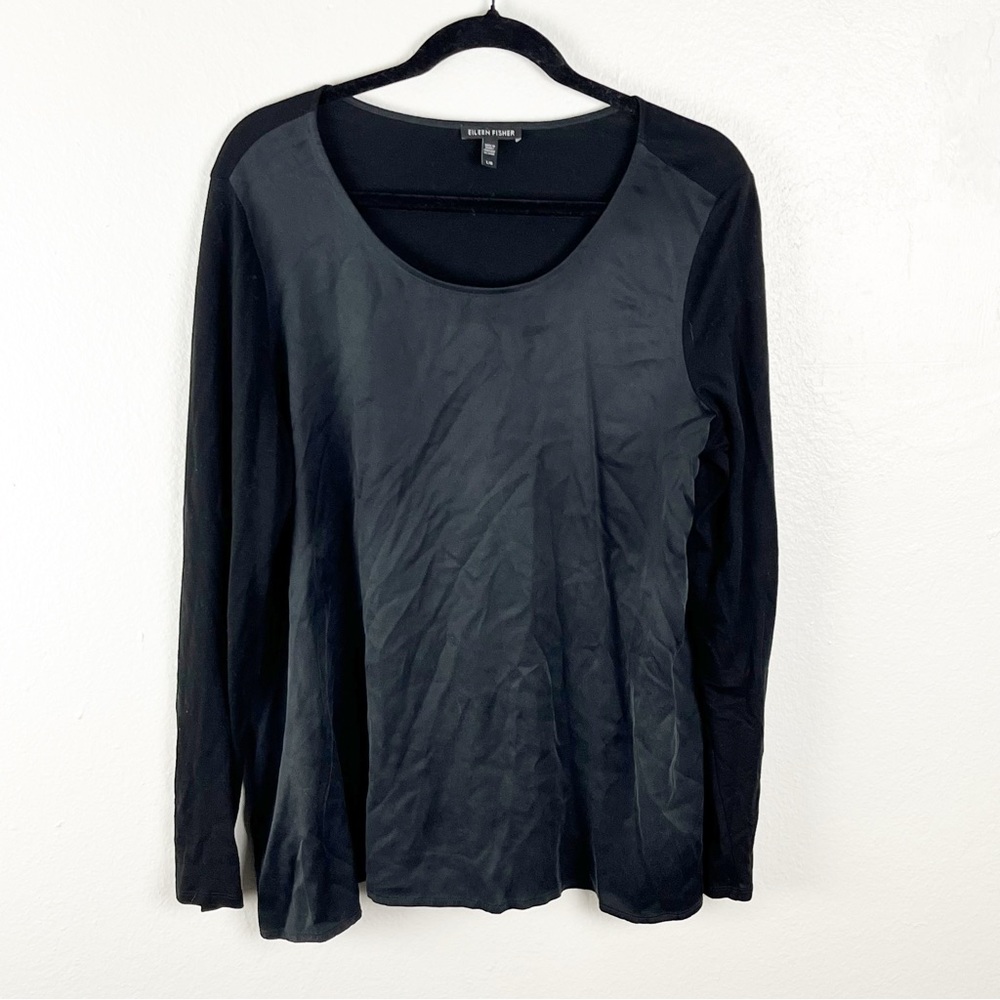EILEEN FISHER 100% Silk Front Panel Black Long Sleeves Blouse Size Large Neutral